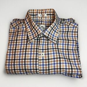 Peter Millar Men's Cotton Blue Brown Plaid Long Sleeve Button Down Shirt Small